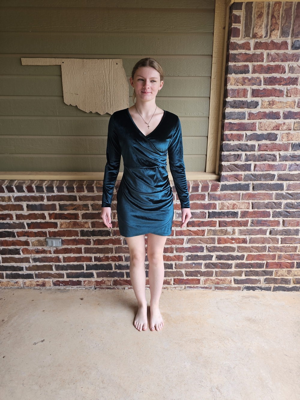 Long Sleeve Green Velvet Wrap Mini Dress